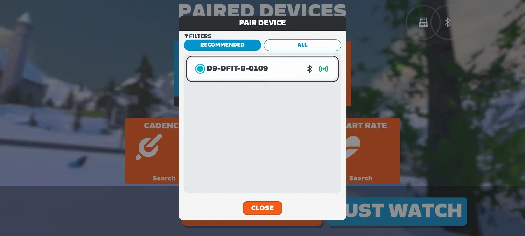 ZWIFT Bluetooth device list
